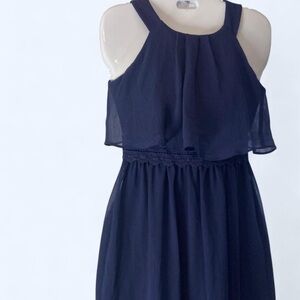 Navy blue chiffon dress w ruffle detail, halter neck & sheer skirt Ally B 8 NWT
